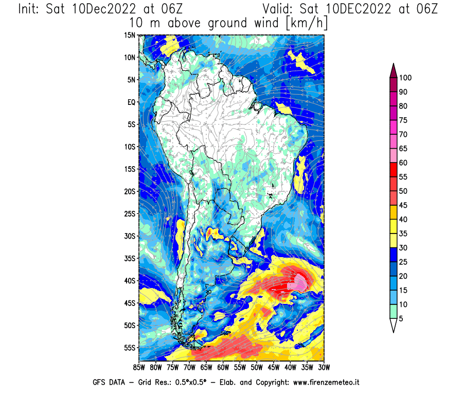 Mappa di analisi GFS - Velocità del vento a 10 metri dal suolo [km/h] in Sud-America
							del 10/12/2022 06 <!--googleoff: index-->UTC<!--googleon: index-->