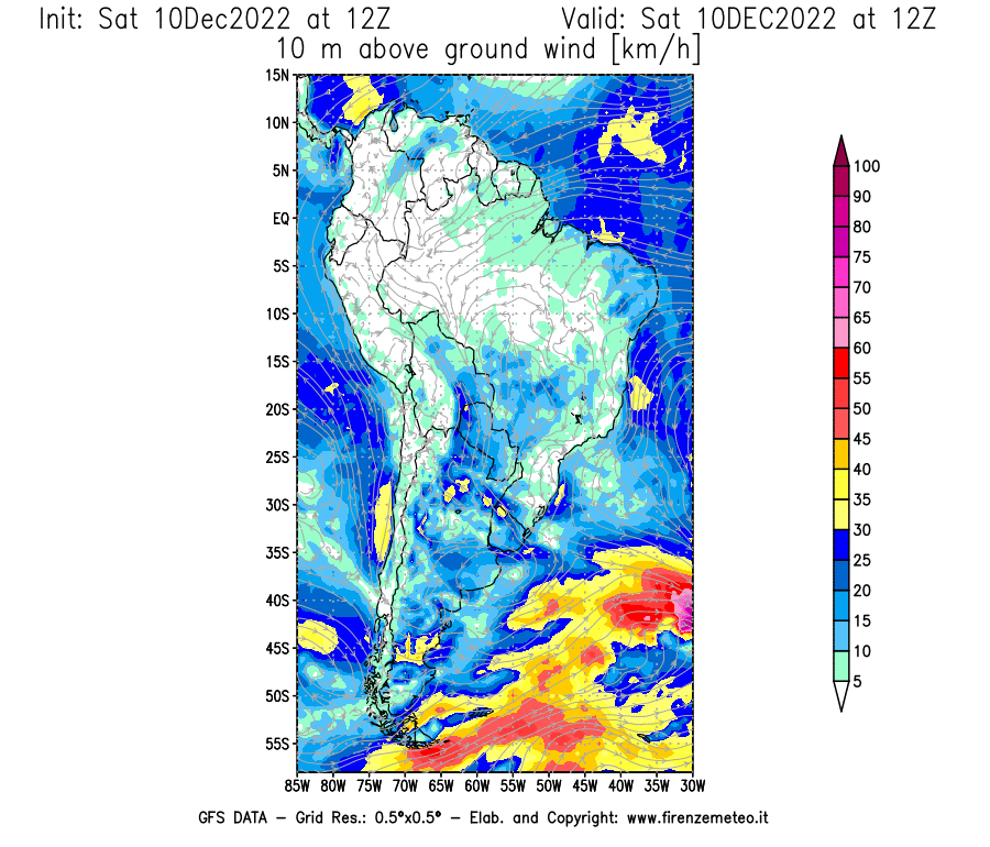 Mappa di analisi GFS - Velocità del vento a 10 metri dal suolo [km/h] in Sud-America
							del 10/12/2022 12 <!--googleoff: index-->UTC<!--googleon: index-->