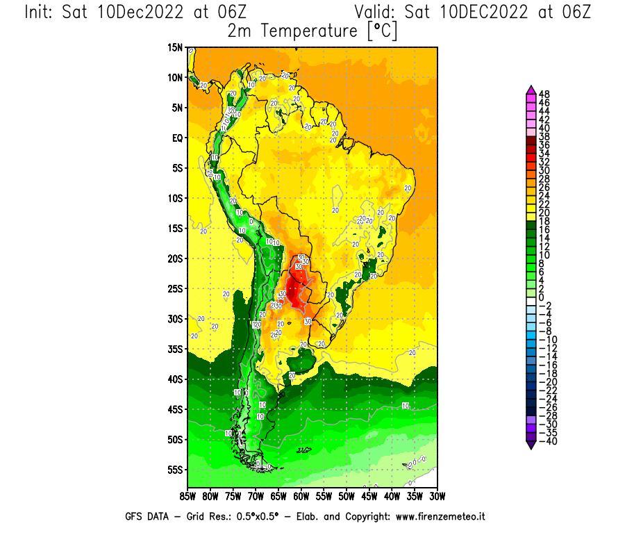 Mappa di analisi GFS - Temperatura a 2 metri dal suolo [°C] in Sud-America
							del 10/12/2022 06 <!--googleoff: index-->UTC<!--googleon: index-->