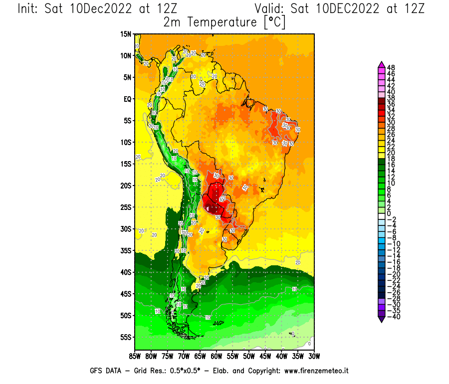 Mappa di analisi GFS - Temperatura a 2 metri dal suolo [°C] in Sud-America
							del 10/12/2022 12 <!--googleoff: index-->UTC<!--googleon: index-->