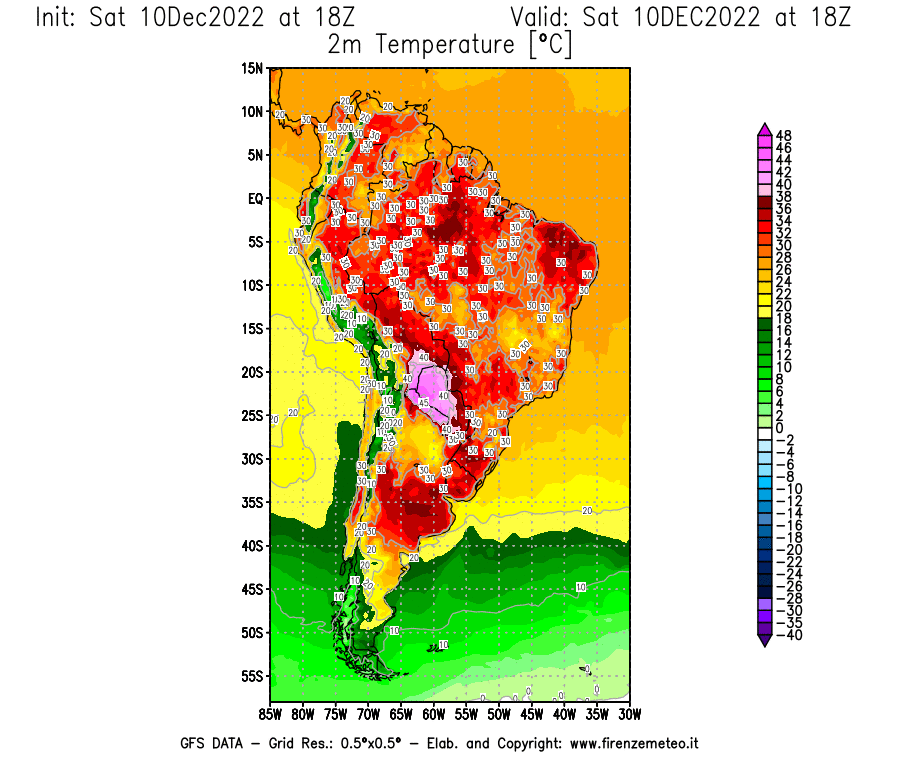 Mappa di analisi GFS - Temperatura a 2 metri dal suolo [°C] in Sud-America
							del 10/12/2022 18 <!--googleoff: index-->UTC<!--googleon: index-->