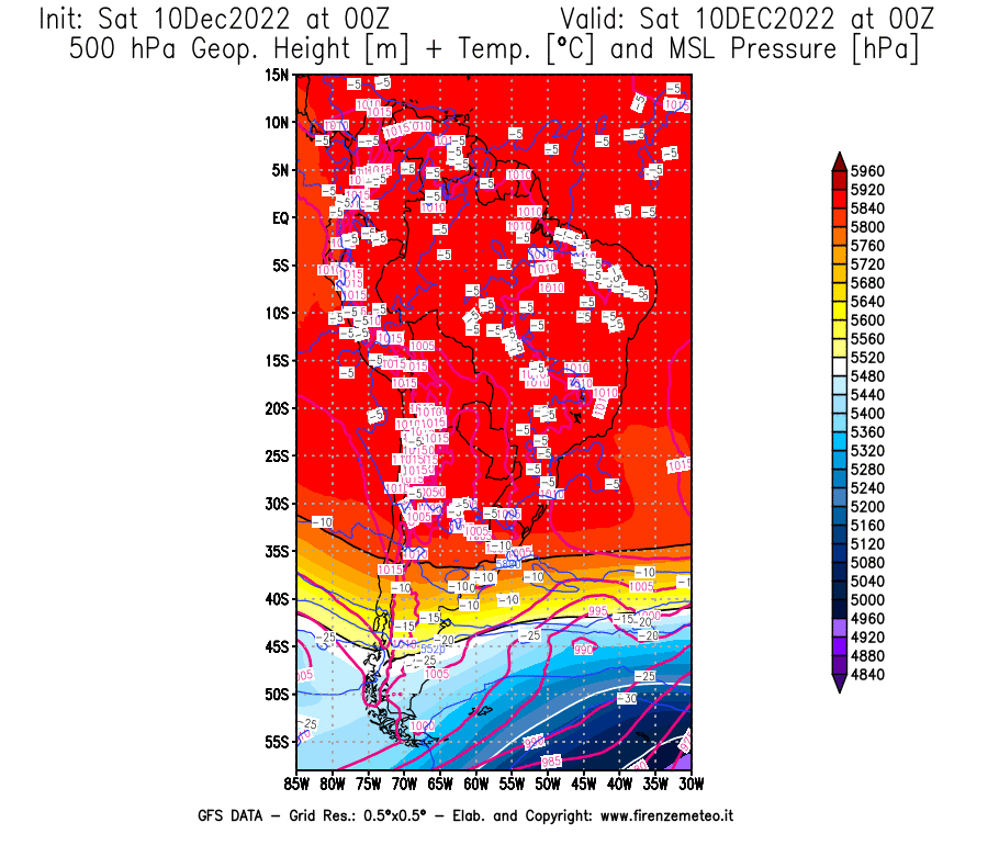 Mappa di analisi GFS - Geopotenziale [m] + Temp. [°C] a 500 hPa + Press. a livello del mare [hPa] in Sud-America
							del 10/12/2022 00 <!--googleoff: index-->UTC<!--googleon: index-->