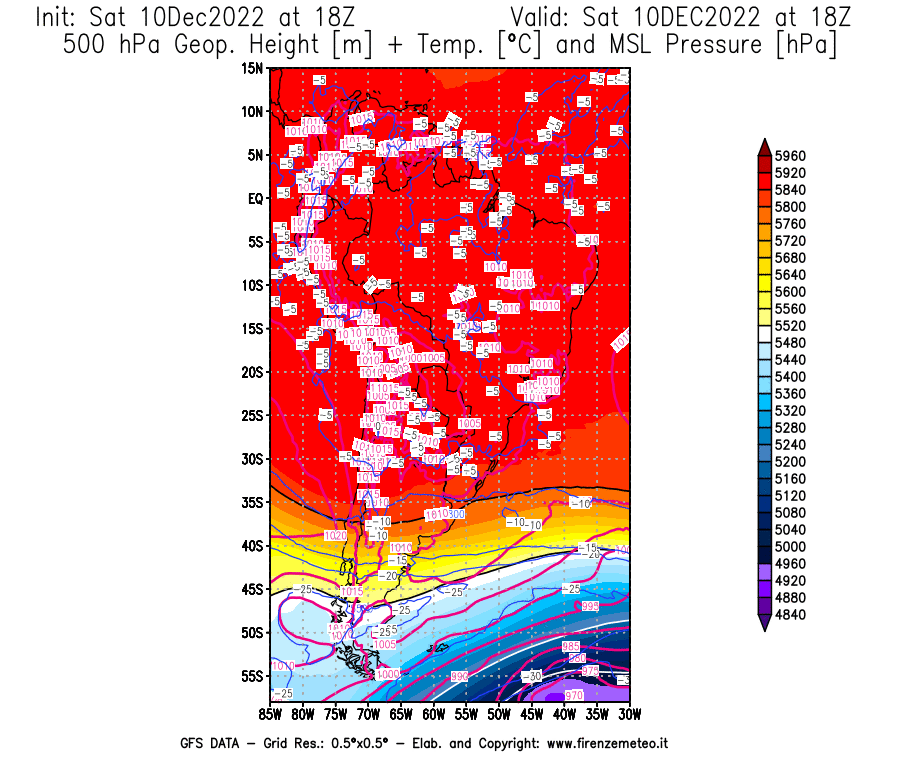 Mappa di analisi GFS - Geopotenziale [m] + Temp. [°C] a 500 hPa + Press. a livello del mare [hPa] in Sud-America
							del 10/12/2022 18 <!--googleoff: index-->UTC<!--googleon: index-->