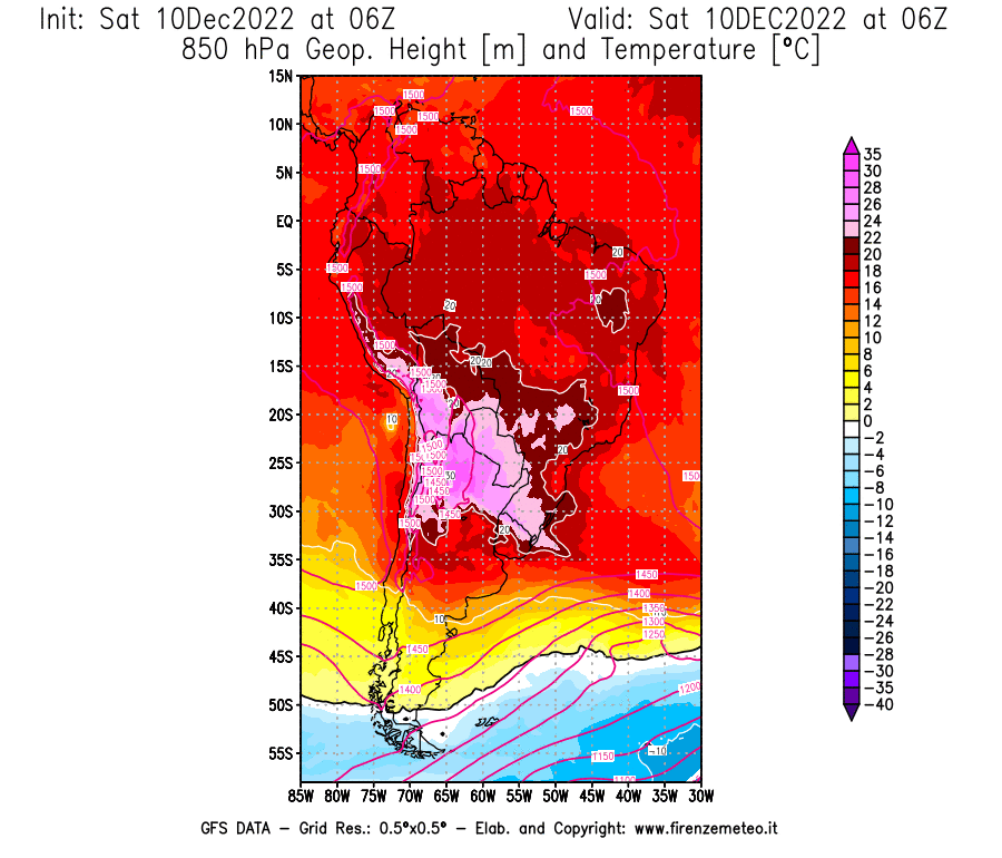 Mappa di analisi GFS - Geopotenziale [m] e Temperatura [°C] a 850 hPa in Sud-America
							del 10/12/2022 06 <!--googleoff: index-->UTC<!--googleon: index-->