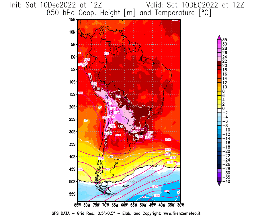 Mappa di analisi GFS - Geopotenziale [m] e Temperatura [°C] a 850 hPa in Sud-America
							del 10/12/2022 12 <!--googleoff: index-->UTC<!--googleon: index-->