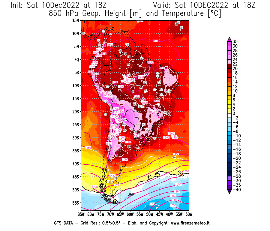 Mappa di analisi GFS - Geopotenziale [m] e Temperatura [°C] a 850 hPa in Sud-America
							del 10/12/2022 18 <!--googleoff: index-->UTC<!--googleon: index-->