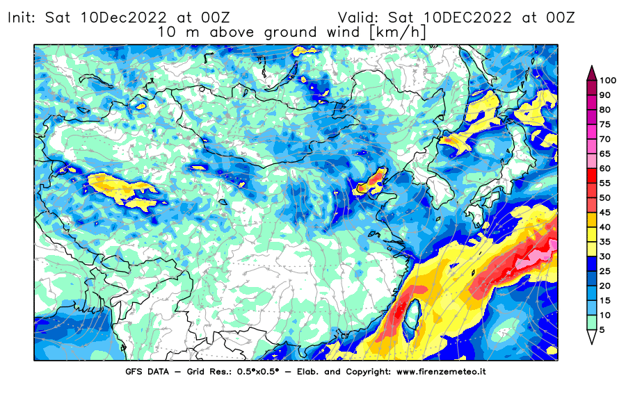 Mappa di analisi GFS - Velocità del vento a 10 metri dal suolo [km/h] in Asia Orientale
							del 10/12/2022 00 <!--googleoff: index-->UTC<!--googleon: index-->