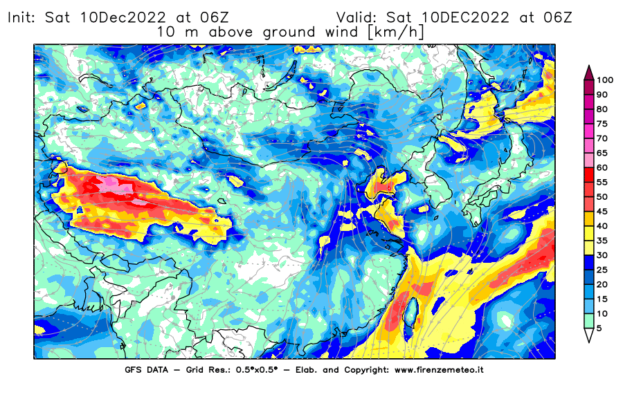 Mappa di analisi GFS - Velocità del vento a 10 metri dal suolo [km/h] in Asia Orientale
							del 10/12/2022 06 <!--googleoff: index-->UTC<!--googleon: index-->