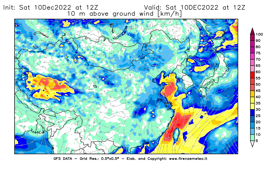 Mappa di analisi GFS - Velocità del vento a 10 metri dal suolo [km/h] in Asia Orientale
							del 10/12/2022 12 <!--googleoff: index-->UTC<!--googleon: index-->