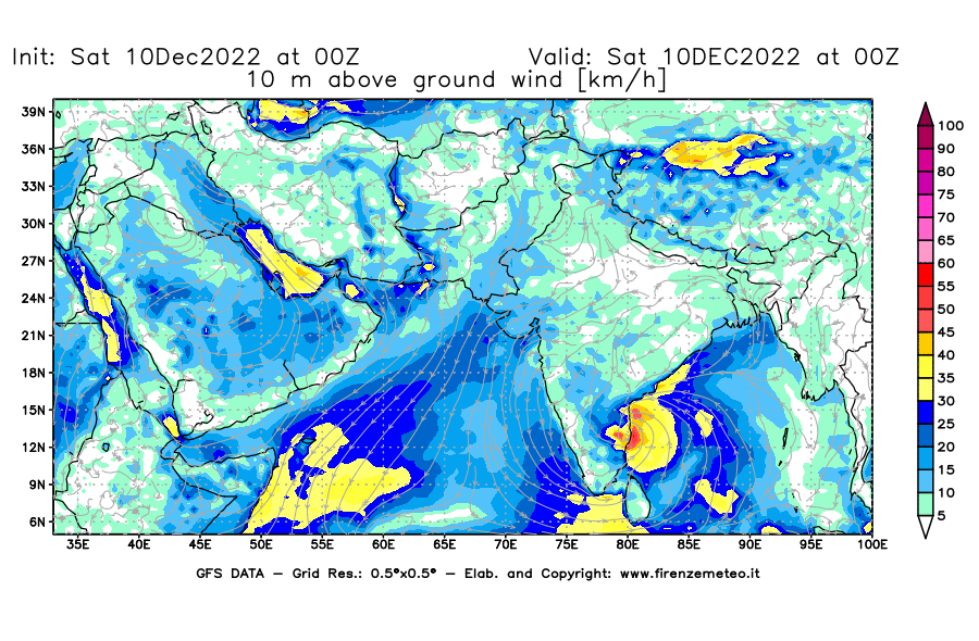 Mappa di analisi GFS - Velocità del vento a 10 metri dal suolo [km/h] in Asia Sud-Occidentale
							del 10/12/2022 00 <!--googleoff: index-->UTC<!--googleon: index-->