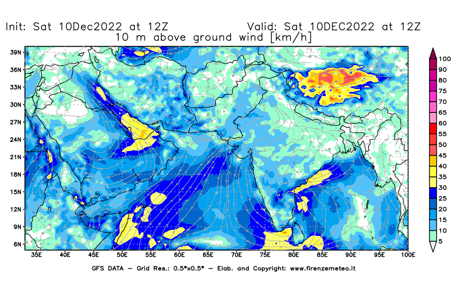 Mappa di analisi GFS - Velocità del vento a 10 metri dal suolo [km/h] in Asia Sud-Occidentale
							del 10/12/2022 12 <!--googleoff: index-->UTC<!--googleon: index-->