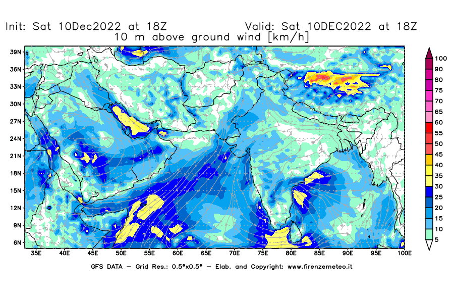Mappa di analisi GFS - Velocità del vento a 10 metri dal suolo [km/h] in Asia Sud-Occidentale
							del 10/12/2022 18 <!--googleoff: index-->UTC<!--googleon: index-->