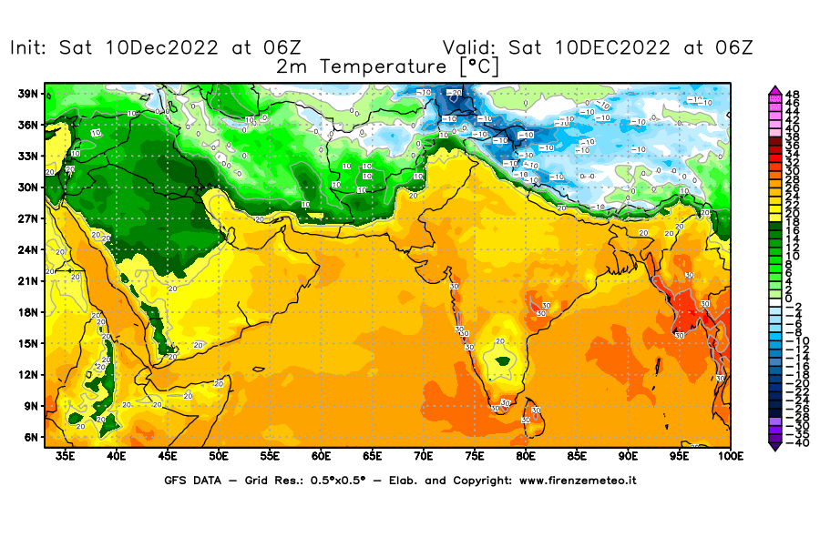 Mappa di analisi GFS - Temperatura a 2 metri dal suolo [°C] in Asia Sud-Occidentale
							del 10/12/2022 06 <!--googleoff: index-->UTC<!--googleon: index-->
