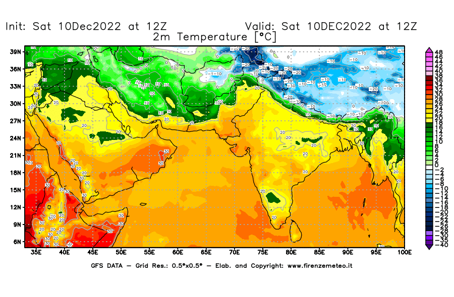 Mappa di analisi GFS - Temperatura a 2 metri dal suolo [°C] in Asia Sud-Occidentale
							del 10/12/2022 12 <!--googleoff: index-->UTC<!--googleon: index-->