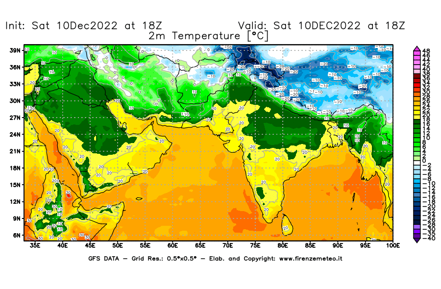 Mappa di analisi GFS - Temperatura a 2 metri dal suolo [°C] in Asia Sud-Occidentale
							del 10/12/2022 18 <!--googleoff: index-->UTC<!--googleon: index-->