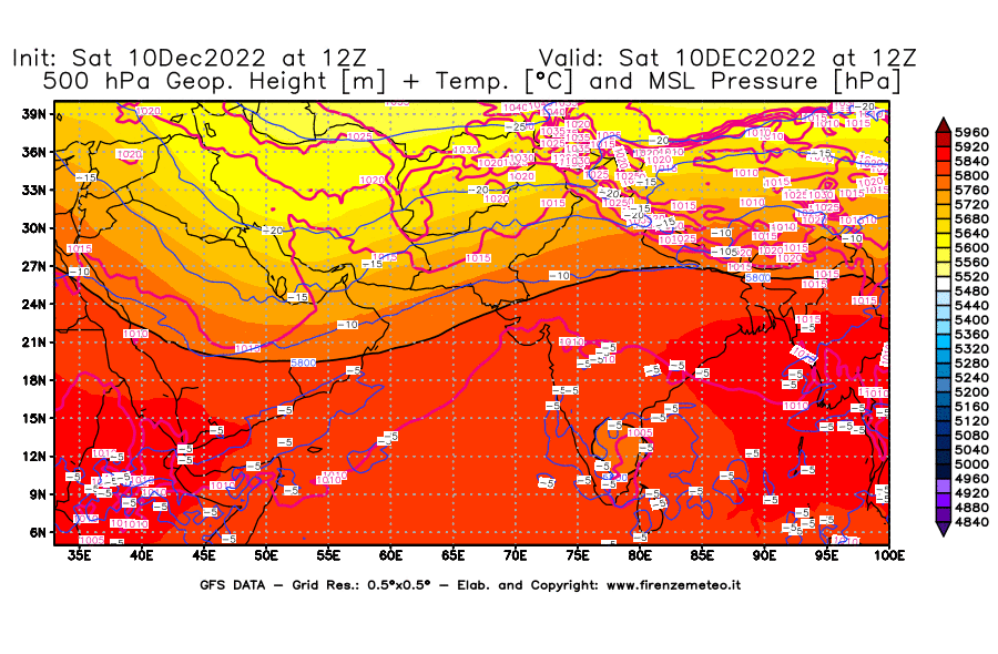 Mappa di analisi GFS - Geopotenziale [m] + Temp. [°C] a 500 hPa + Press. a livello del mare [hPa] in Asia Sud-Occidentale
							del 10/12/2022 12 <!--googleoff: index-->UTC<!--googleon: index-->