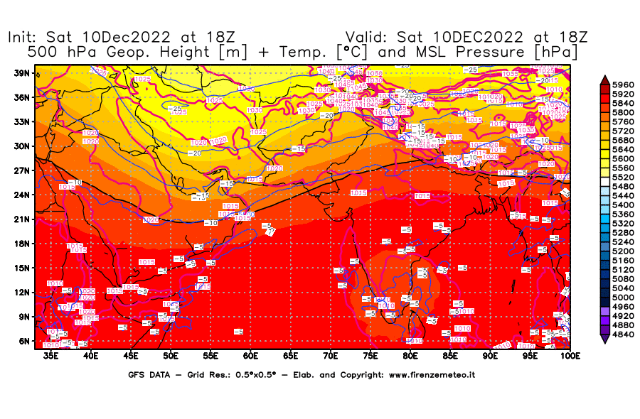 Mappa di analisi GFS - Geopotenziale [m] + Temp. [°C] a 500 hPa + Press. a livello del mare [hPa] in Asia Sud-Occidentale
							del 10/12/2022 18 <!--googleoff: index-->UTC<!--googleon: index-->
