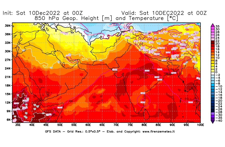 Mappa di analisi GFS - Geopotenziale [m] e Temperatura [°C] a 850 hPa in Asia Sud-Occidentale
							del 10/12/2022 00 <!--googleoff: index-->UTC<!--googleon: index-->