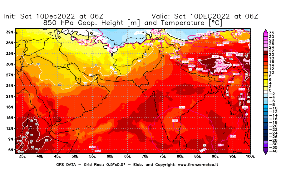 Mappa di analisi GFS - Geopotenziale [m] e Temperatura [°C] a 850 hPa in Asia Sud-Occidentale
							del 10/12/2022 06 <!--googleoff: index-->UTC<!--googleon: index-->