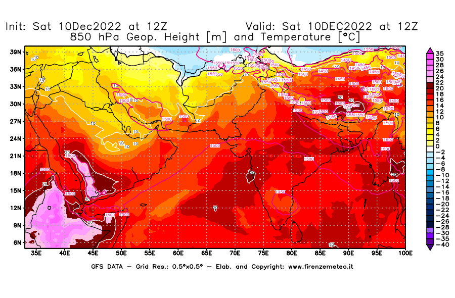 Mappa di analisi GFS - Geopotenziale [m] e Temperatura [°C] a 850 hPa in Asia Sud-Occidentale
							del 10/12/2022 12 <!--googleoff: index-->UTC<!--googleon: index-->