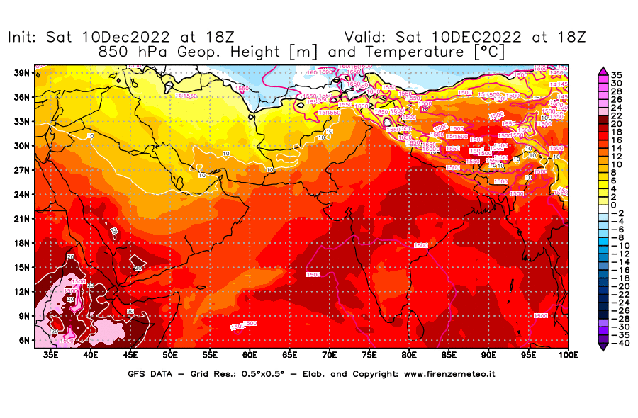 Mappa di analisi GFS - Geopotenziale [m] e Temperatura [°C] a 850 hPa in Asia Sud-Occidentale
							del 10/12/2022 18 <!--googleoff: index-->UTC<!--googleon: index-->