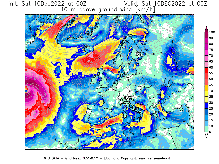 Mappa di analisi GFS - Velocità del vento a 10 metri dal suolo [km/h] in Europa
							del 10/12/2022 00 <!--googleoff: index-->UTC<!--googleon: index-->
