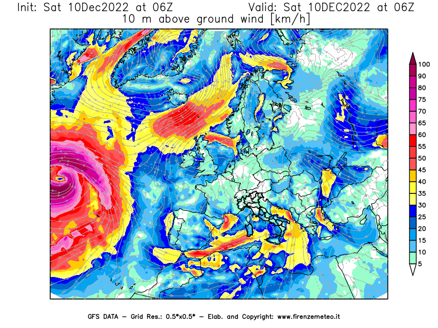 Mappa di analisi GFS - Velocità del vento a 10 metri dal suolo [km/h] in Europa
							del 10/12/2022 06 <!--googleoff: index-->UTC<!--googleon: index-->