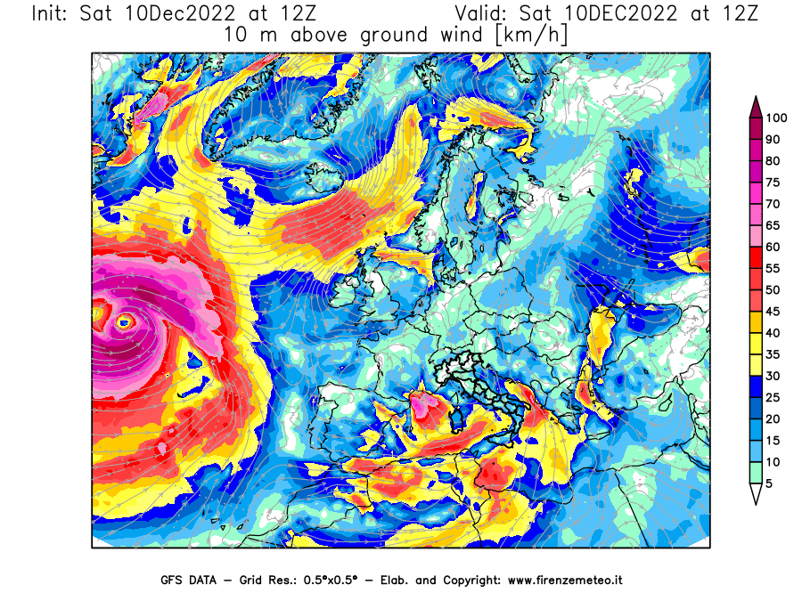 Mappa di analisi GFS - Velocità del vento a 10 metri dal suolo [km/h] in Europa
							del 10/12/2022 12 <!--googleoff: index-->UTC<!--googleon: index-->