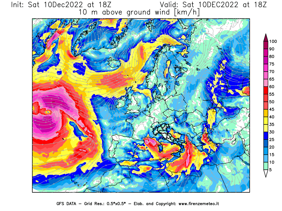 Mappa di analisi GFS - Velocità del vento a 10 metri dal suolo [km/h] in Europa
							del 10/12/2022 18 <!--googleoff: index-->UTC<!--googleon: index-->