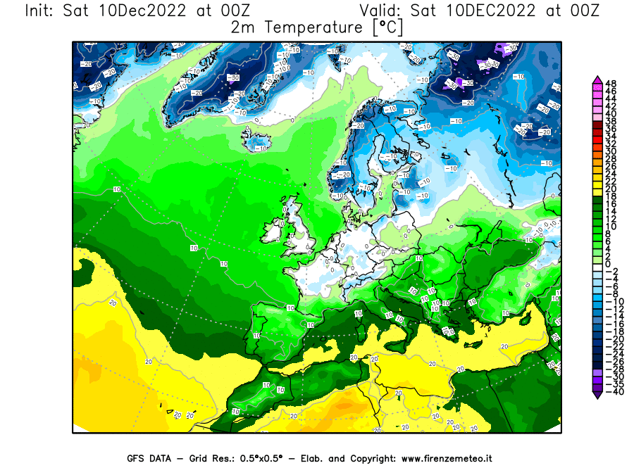 Mappa di analisi GFS - Temperatura a 2 metri dal suolo [°C] in Europa
							del 10/12/2022 00 <!--googleoff: index-->UTC<!--googleon: index-->
