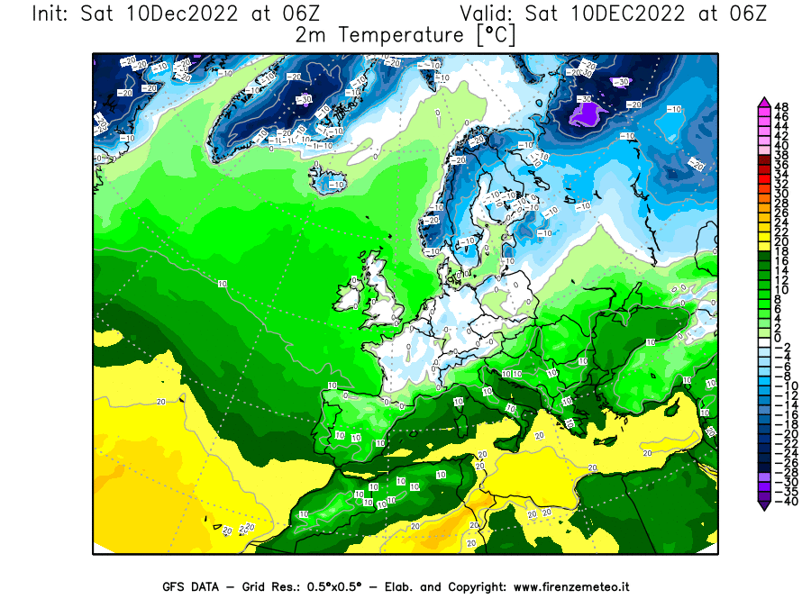 Mappa di analisi GFS - Temperatura a 2 metri dal suolo [°C] in Europa
							del 10/12/2022 06 <!--googleoff: index-->UTC<!--googleon: index-->