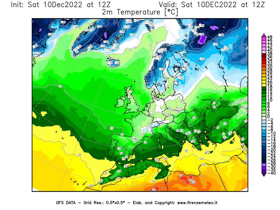 Mappa di analisi GFS - Temperatura a 2 metri dal suolo [°C] in Europa
							del 10/12/2022 12 <!--googleoff: index-->UTC<!--googleon: index-->