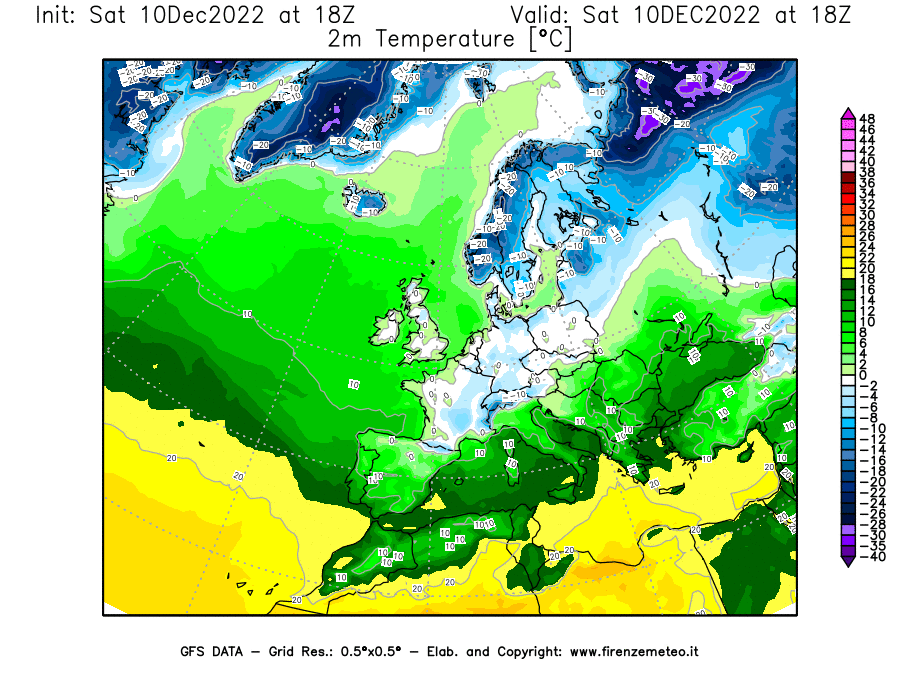 Mappa di analisi GFS - Temperatura a 2 metri dal suolo [°C] in Europa
							del 10/12/2022 18 <!--googleoff: index-->UTC<!--googleon: index-->