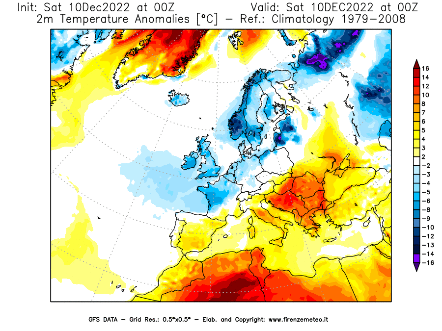 Mappa di analisi GFS - Anomalia Temperatura [°C] a 2 m in Europa
							del 10/12/2022 00 <!--googleoff: index-->UTC<!--googleon: index-->