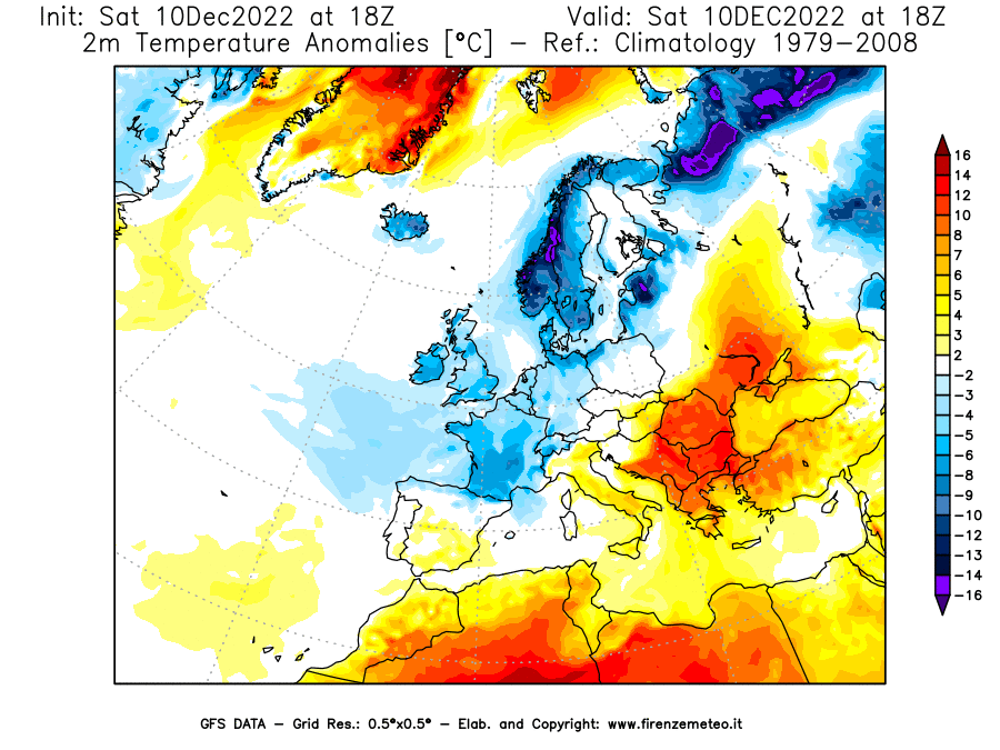 Mappa di analisi GFS - Anomalia Temperatura [°C] a 2 m in Europa
							del 10/12/2022 18 <!--googleoff: index-->UTC<!--googleon: index-->