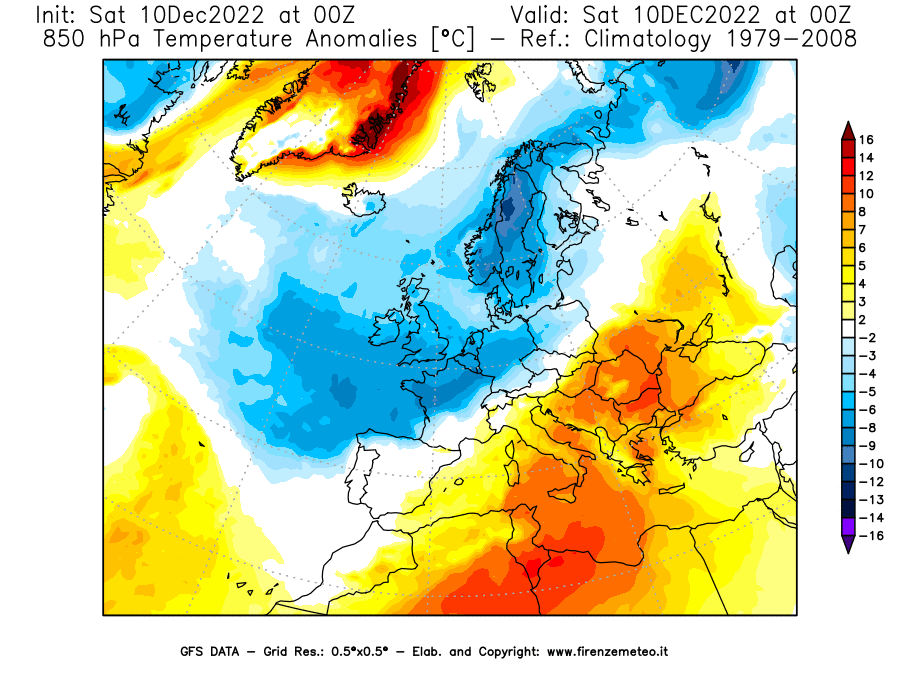 Mappa di analisi GFS - Anomalia Temperatura [°C] a 850 hPa in Europa
							del 10/12/2022 00 <!--googleoff: index-->UTC<!--googleon: index-->