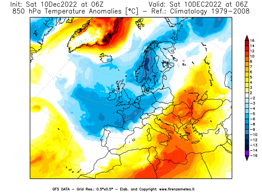 Mappa di analisi GFS - Anomalia Temperatura [°C] a 850 hPa in Europa
							del 10/12/2022 06 <!--googleoff: index-->UTC<!--googleon: index-->