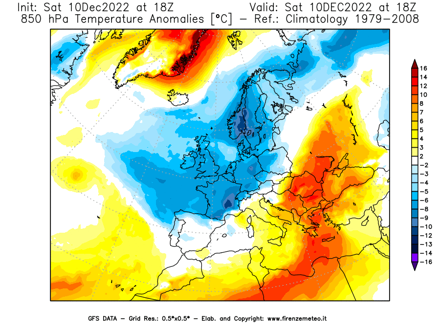 Mappa di analisi GFS - Anomalia Temperatura [°C] a 850 hPa in Europa
							del 10/12/2022 18 <!--googleoff: index-->UTC<!--googleon: index-->