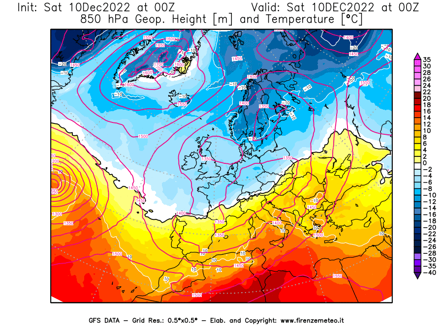 Mappa di analisi GFS - Geopotenziale [m] e Temperatura [°C] a 850 hPa in Europa
							del 10/12/2022 00 <!--googleoff: index-->UTC<!--googleon: index-->