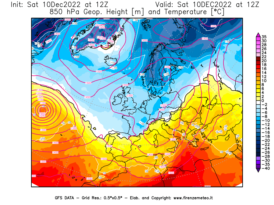 Mappa di analisi GFS - Geopotenziale [m] e Temperatura [°C] a 850 hPa in Europa
							del 10/12/2022 12 <!--googleoff: index-->UTC<!--googleon: index-->