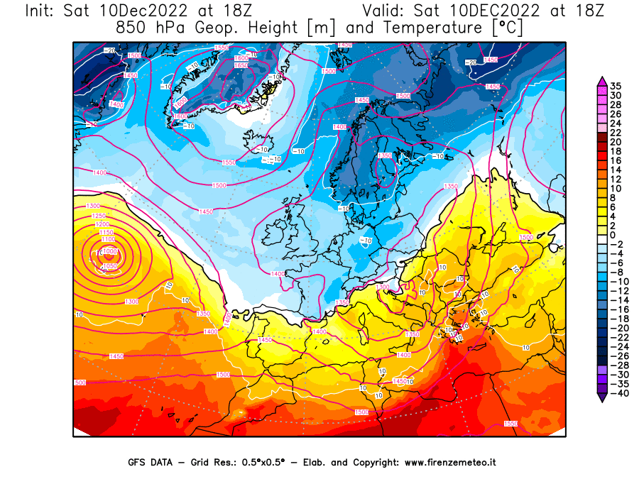 Mappa di analisi GFS - Geopotenziale [m] e Temperatura [°C] a 850 hPa in Europa
							del 10/12/2022 18 <!--googleoff: index-->UTC<!--googleon: index-->