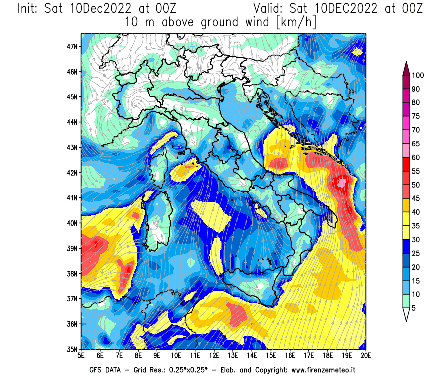 Mappa di analisi GFS - Velocità del vento a 10 metri dal suolo [km/h] in Italia
							del 10/12/2022 00 <!--googleoff: index-->UTC<!--googleon: index-->