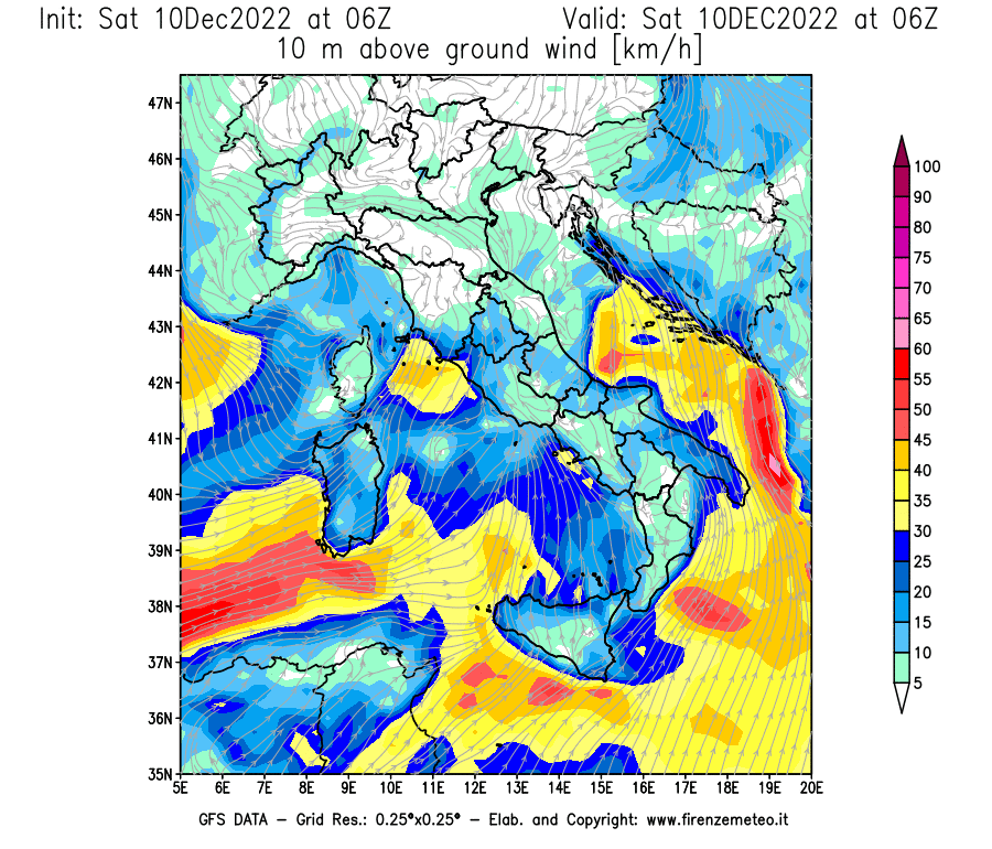 Mappa di analisi GFS - Velocità del vento a 10 metri dal suolo [km/h] in Italia
							del 10/12/2022 06 <!--googleoff: index-->UTC<!--googleon: index-->