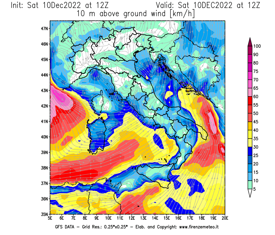 Mappa di analisi GFS - Velocità del vento a 10 metri dal suolo [km/h] in Italia
							del 10/12/2022 12 <!--googleoff: index-->UTC<!--googleon: index-->