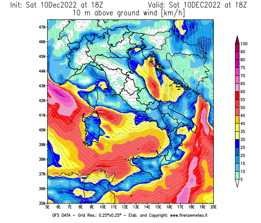 Mappa di analisi GFS - Velocità del vento a 10 metri dal suolo [km/h] in Italia
							del 10/12/2022 18 <!--googleoff: index-->UTC<!--googleon: index-->