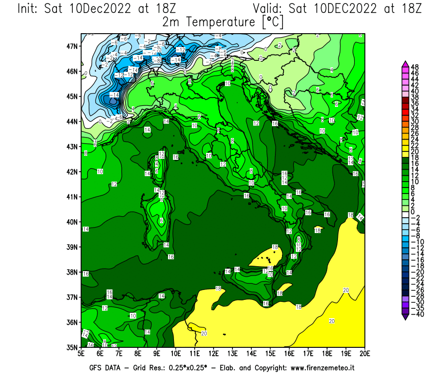 Mappa di analisi GFS - Temperatura a 2 metri dal suolo [°C] in Italia
							del 10/12/2022 18 <!--googleoff: index-->UTC<!--googleon: index-->