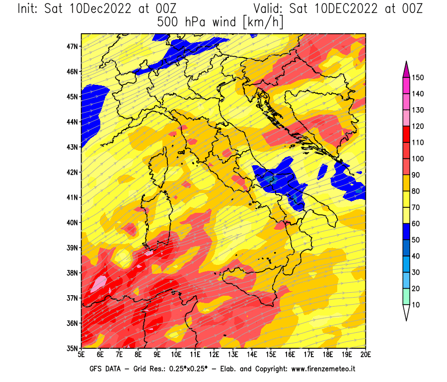 Mappa di analisi GFS - Velocità del vento a 500 hPa [km/h] in Italia
							del 10/12/2022 00 <!--googleoff: index-->UTC<!--googleon: index-->