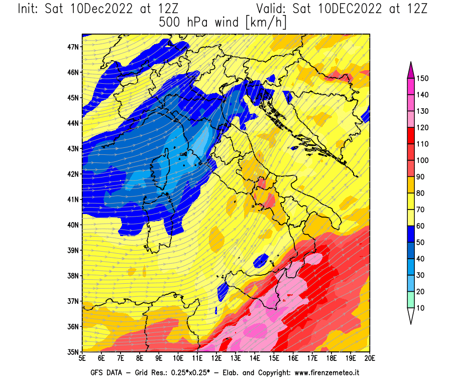Mappa di analisi GFS - Velocità del vento a 500 hPa [km/h] in Italia
							del 10/12/2022 12 <!--googleoff: index-->UTC<!--googleon: index-->