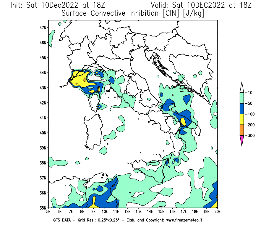 Mappa di analisi GFS - CIN [J/kg] in Italia
							del 10/12/2022 18 <!--googleoff: index-->UTC<!--googleon: index-->
