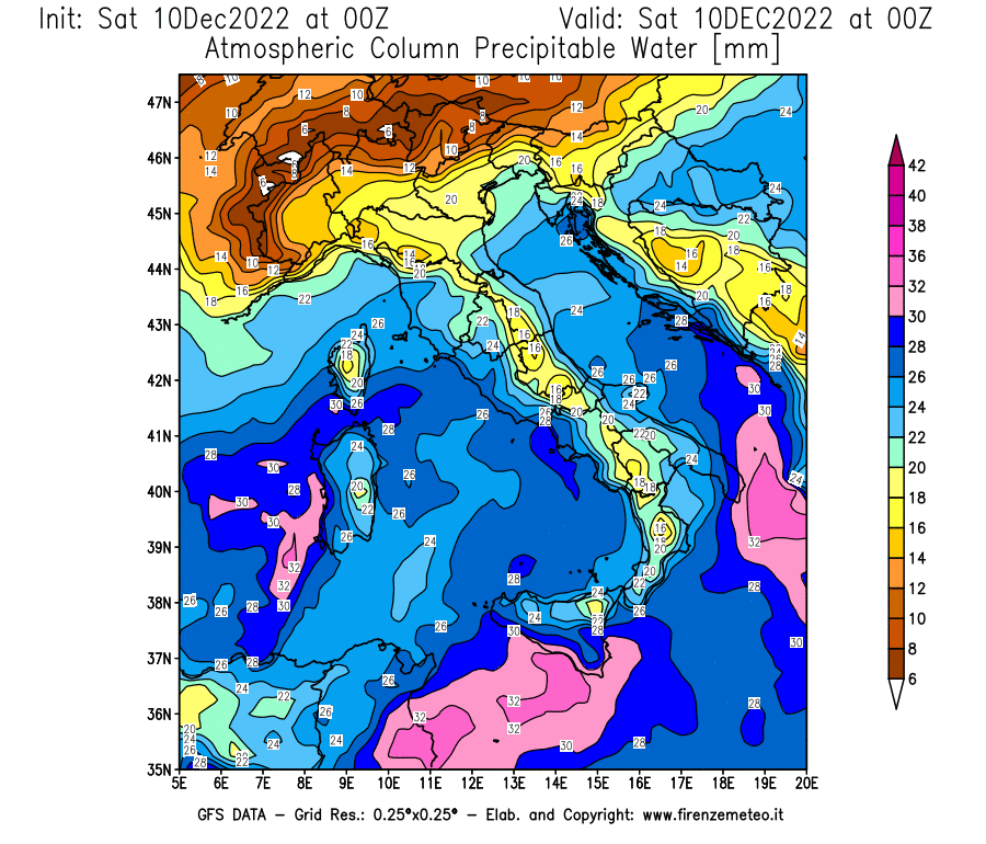 Mappa di analisi GFS - Precipitable Water [mm] in Italia
							del 10/12/2022 00 <!--googleoff: index-->UTC<!--googleon: index-->